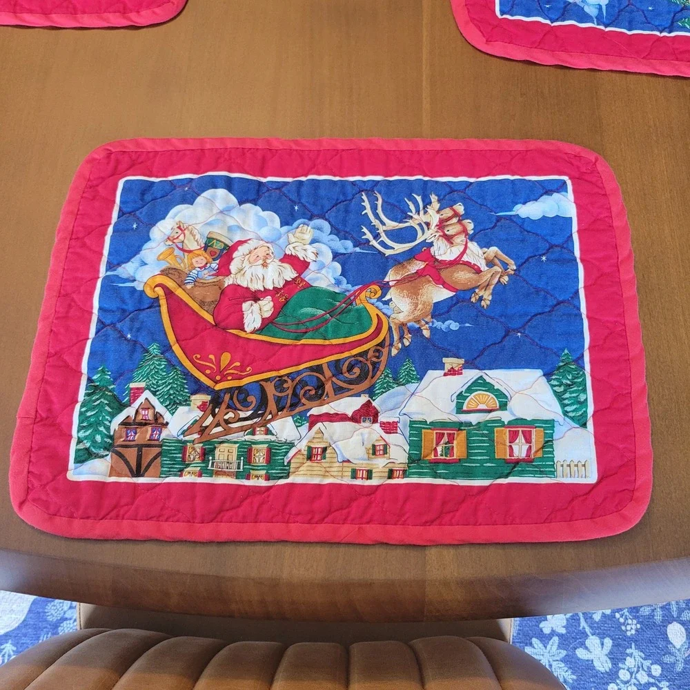 Vintage Christmas Quilted Placemats Set of 12 Santa Sleigh Reindeer Holiday Red